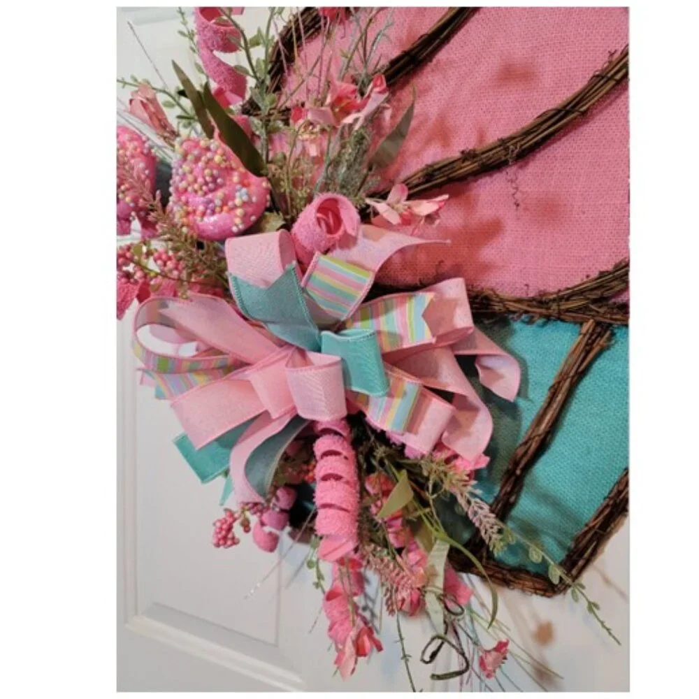 Cupcake Wreath, Pink Blue Birthday Cupcake Front Door Wreath, Hand Crafted